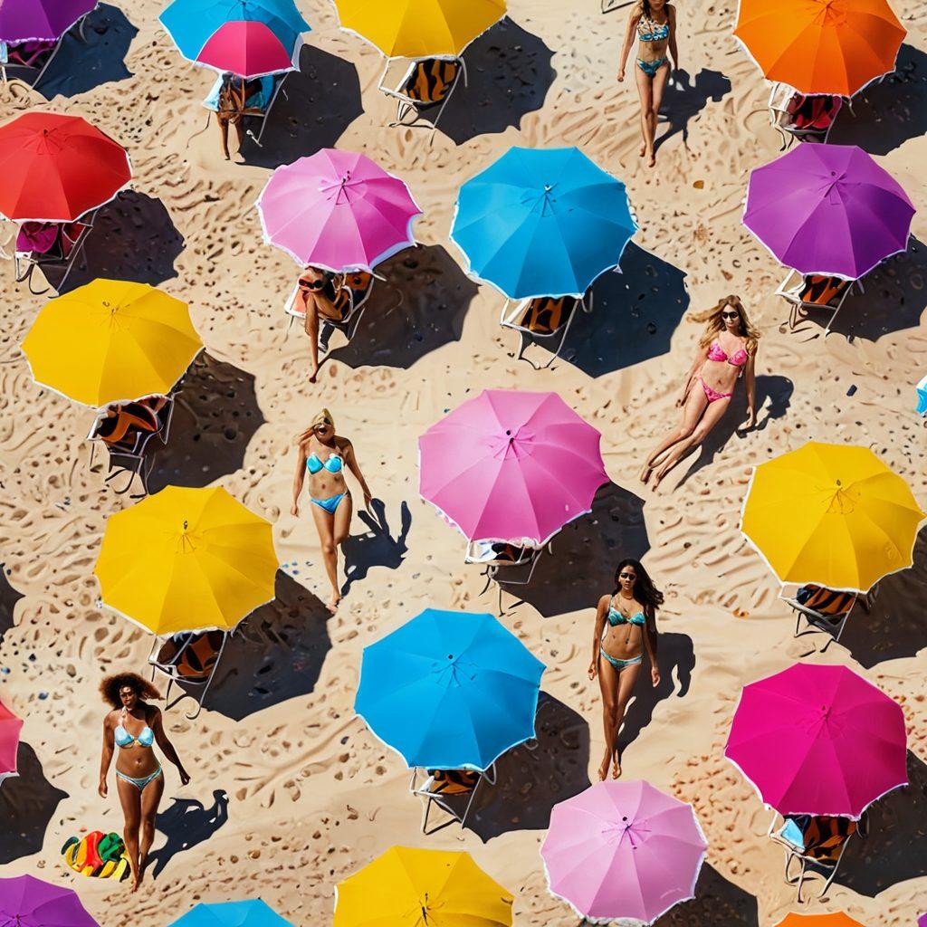 A vibrant beach scene featuring diverse models showcasing an array of micro bikinis and flirty lingerie, with colorful beach umbrellas and sunbathers in the background. The sunlight glisten on the ocean waves, creating a lively atmosphere. The focus is on bold patterns and styles, exuding confidence and summer vibes. Bright and cheerful colors dominate the scene, emphasizing the freshness of summer fashion. southern coast, bright blue sky. super-realistic. vibrant colors.
